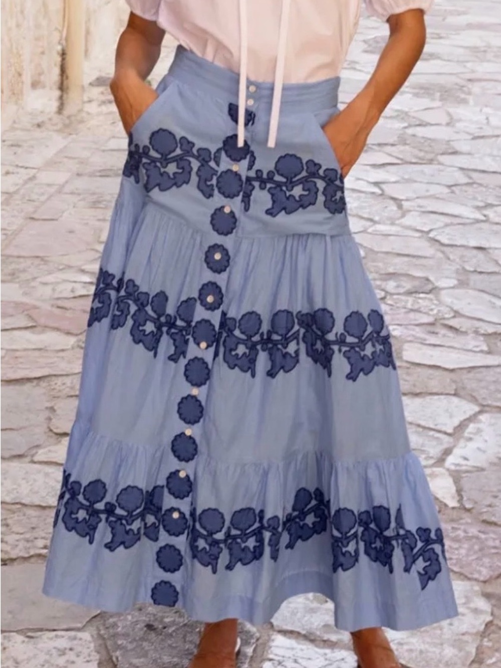 Oliphant Button Front Skirt-Tangier Blue - Picture 2 of 6